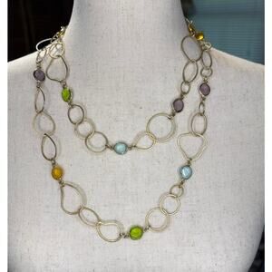 Brushed Gold Tone Open Link Multi Colored Stone Crystal Necklace